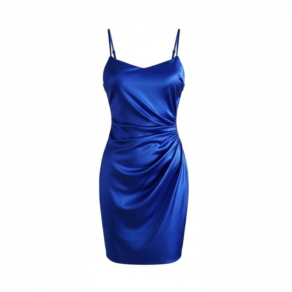 Boubou Ruched Mini Dress Womens Small Blue Satin Cocktail Party Crisscross Back